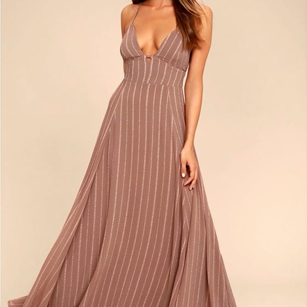 Lulus Elevate Light Brown Embroidered Maxi Dress M